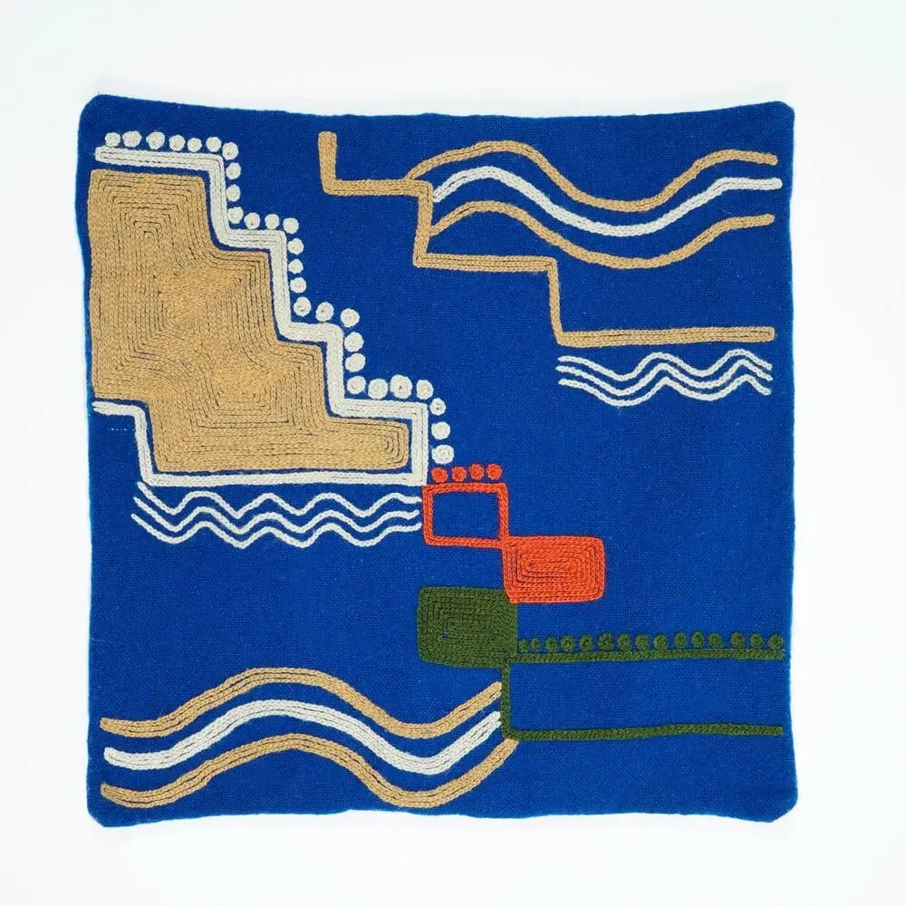 Vintage Handwoven Textile Pillow Cover 17x17 Blue Geometric Boho Southwestern